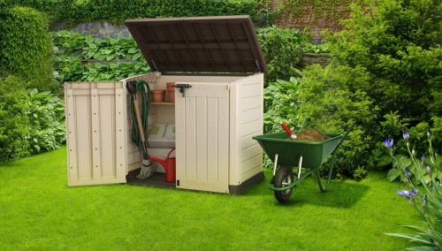 Armadio da esterno Polinago, Mobile outdoor, Mobiletto giardino multiuso, Contenitore per balcone o garage, 146x82 h125 cm, Beige