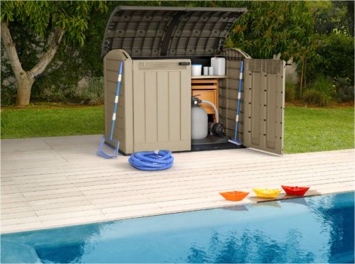 Armadio da esterno Polinago, Mobile outdoor, Mobiletto giardino multiuso, Contenitore per balcone o garage, 177x113 h134 cm, Beige