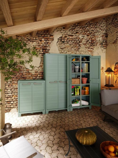 Armadio da esterno Sarezzo, Mobile outdoor, Mobiletto giardino multiuso, Made in Italy, 80x44 h100 cm, Grigio e Verde