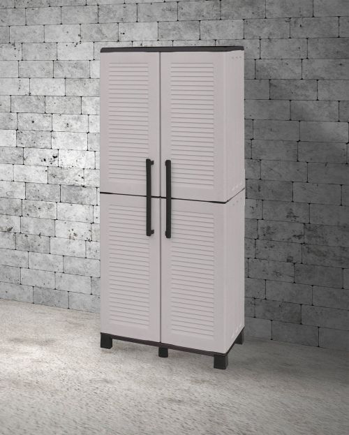 Armadio da esterno Verviers, Mobile balcone multiuso 2 ante, 100% Made in Italy, 68x37h169 cm, Grigio chiaro e Nero, Finitura righe
