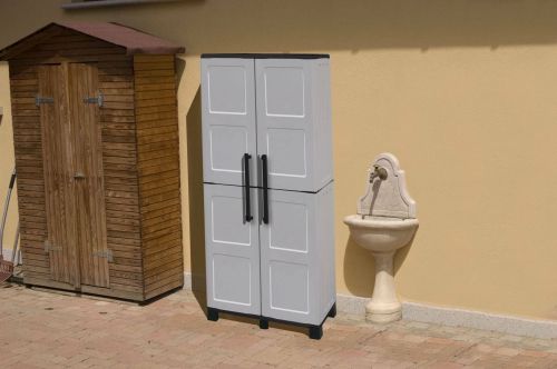 Armadio da esterno Veurne, Armadio porta scope, Mobile outdoor 2 ante, 100% Made in Italy, 68x37h169 cm, Grigio chiaro e Nero, Finitura quadri