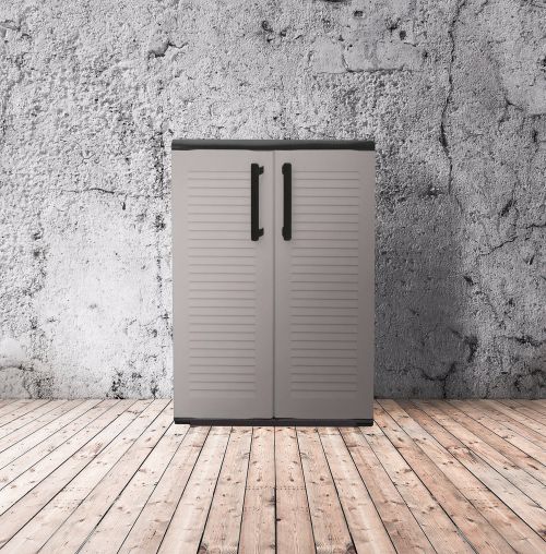 Armadio da esterno Wavre, Armadio balcone multiuso, Mobile outdoor 2 ante, 100% Made in Italy, 68x37h90 cm, Grigio chiaro e Nero, Finitura righe