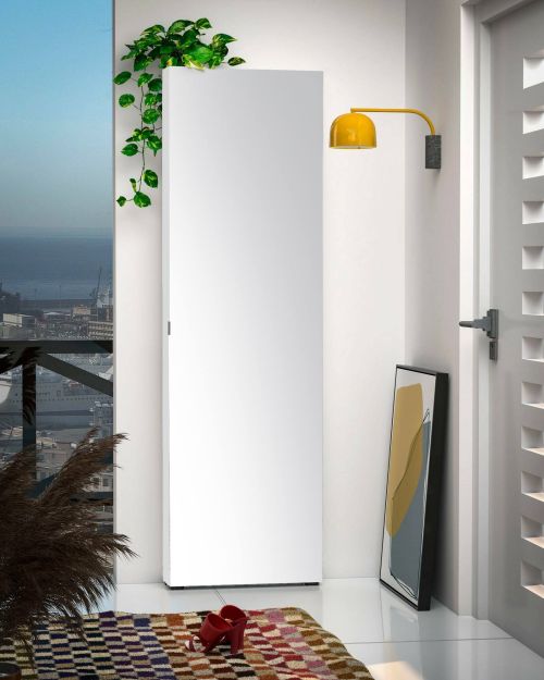Armadio multiuso 1 anta Makhado, Mobile multifunzionale, Mobiletto scarpiera, Guardaroba porta scarpe, Made in Italy, 60x19h200 cm, Bianco lucido