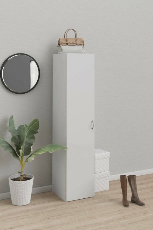 Armadio multiuso 1 anta Odette, Mobile multifunzionale, Mobiletto scarpiera, Guardaroba porta scarpe, 39x41 h175 cm, Bianco