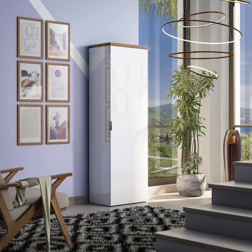 Armadio multiuso 1 anta Tunisi, Mobile multifunzionale, Mobiletto scarpiera, Guardaroba porta scarpe, Made in Italy, 60x40h190 cm, Bianco lucido e Rovere