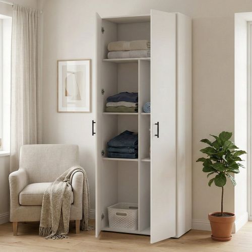 Armadio Multiuso 2 Ante Bianco 3 Ripiani Apertura Battente 80x206h cm, 2 Ante - Mileto