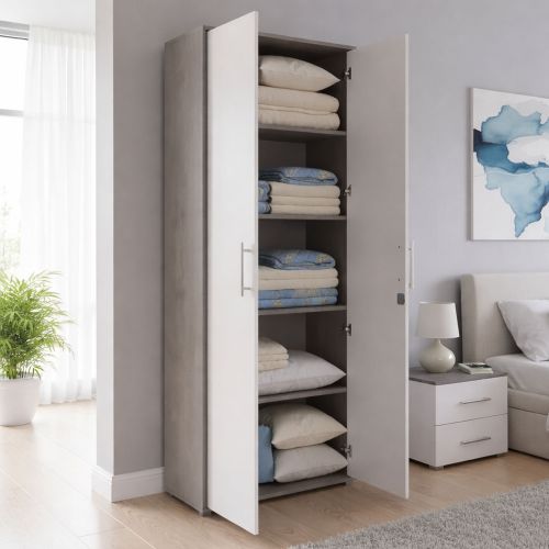 Armadio Multiuso 2 Ante Bianco Grigio Cemento 4 Ripiani Apertura Battente 79x34h cm, 2 Ante - Aveto