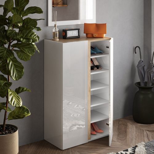 Armadio Multiuso 2 Ante Bianco Lucido Marrone 5 Ripiani Apertura Manuale 70x111h cm, 6 Vani - Vignone