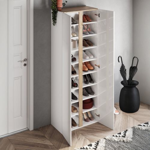 Armadio Multiuso 2 Ante Bianco Lucido Trasparente 8 Ripiani Cassetti 70x185h cm, 9 Vani - Gradoli