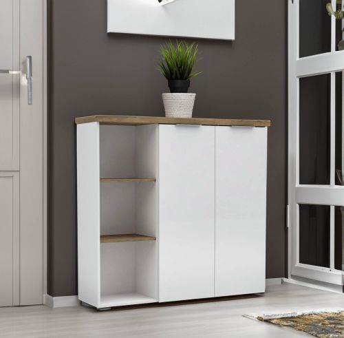 Armadio multiuso 2 ante Brakpan, Mobile multifunzionale, Mobiletto scarpiera, Guardaroba porta scarpe, Made in Italy, 120x34h115 cm, Bianco lucido e Rovere