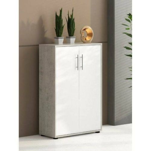 Armadio multiuso 2 ante Cambrils, Mobile ausiliario, Guardaroba portascarpe, Libreria multifunzione a 2 ante, Bianco e Cemento, 79x34h118 cm