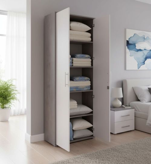 Armadio multiuso 2 ante Cambrils, Mobile ausiliario, Guardaroba portascarpe, Libreria multifunzione a 2 ante, Bianco e Cemento, 79x34h188 cm