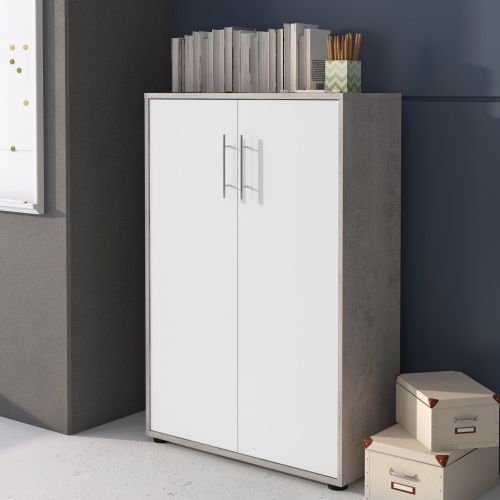 Armadio Multiuso 2 Ante Grigio Cemento Bianco Cassetti 4 Ripiani 79x118h cm, 2 Ante - Parabita