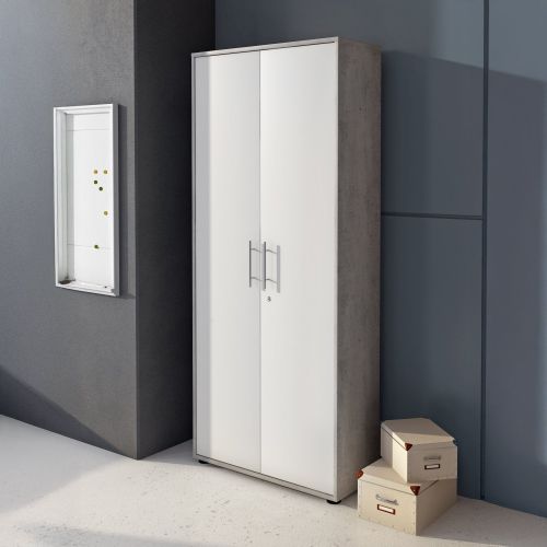 Armadio Multiuso 2 Ante Grigio Cemento Bianco Cassetti 4 Ripiani 79x188h cm, 2 Ante - Saponara