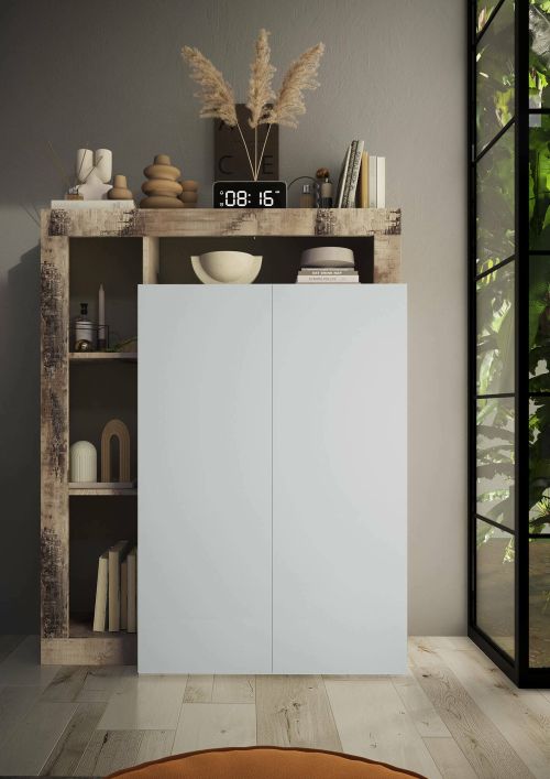Armadio multiuso 2 ante Matese, Mobile multifunzionale, Mobiletto scarpiera, Porta scarpe, Made in Italy, 78x35 h116 cm, Bianco lucido e Rovere