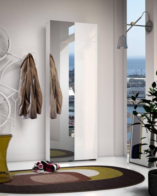 Armadio multiuso 2 ante Mbombela, Mobile multifunzionale, Mobiletto scarpiera, Guardaroba porta scarpe, Made in Italy, 70x19h200 cm, Bianco lucido