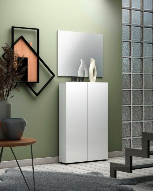 Armadio multiuso 2 ante Tzaneen, Mobile multifunzionale, Mobiletto scarpiera, Guardaroba porta scarpe, Made in Italy, 70x19h115 cm, Bianco lucido