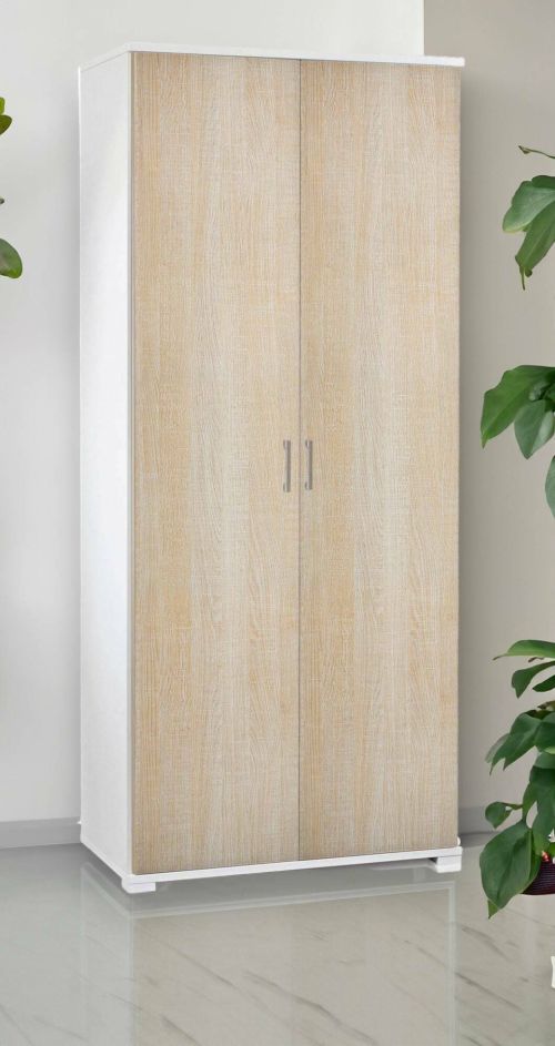 Armadio multiuso Alisso, Mobile lineare a 2 Ante battenti, Guardaroba a 4 ripiani regolabili, Scarpiera moderna, 100% Made in Italy, 90x45h195 cm, Rovere e Bianco