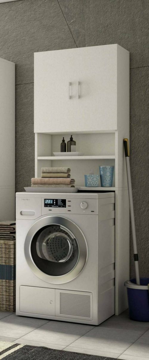 Armadio multiuso Anemone, Mobile lineare a 2 Ante battenti e ripiani, Mobile per lavanderia portalavatrice, 100% Made in Italy, 65x32h195 cm, Bianco