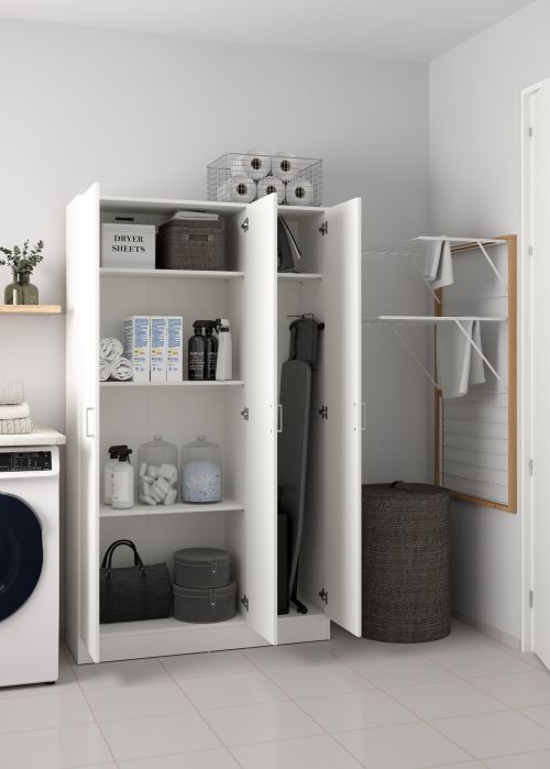 Armadio multiuso Beaumont, Mobile ausiliario a 3 ante, Guardaroba portascarpe, Guardaroba portascope, 109x37h180 cm, Bianco