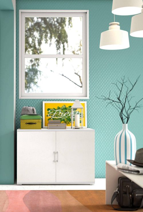 Armadio multiuso Bucaneve, Mobile lineare a 2 Ante battenti con ripiano, Mobile da ingresso, Scarpiera moderna, 100% Made in Italy, 90x45h66 cm, Bianco