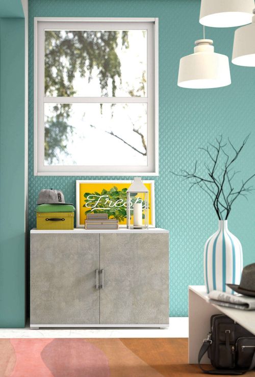 Armadio multiuso Bucaneve, Mobile lineare a 2 Ante battenti con ripiano, Mobile da ingresso, Scarpiera moderna, 100% Made in Italy, 90x45h66 cm, Cemento e Bianco