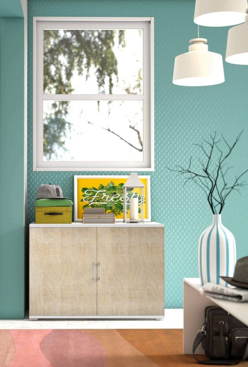 Armadio multiuso Bucaneve, Mobile lineare a 2 Ante battenti con ripiano, Mobile da ingresso, Scarpiera moderna, 100% Made in Italy, 90x45h66 cm, Rovere e Bianco