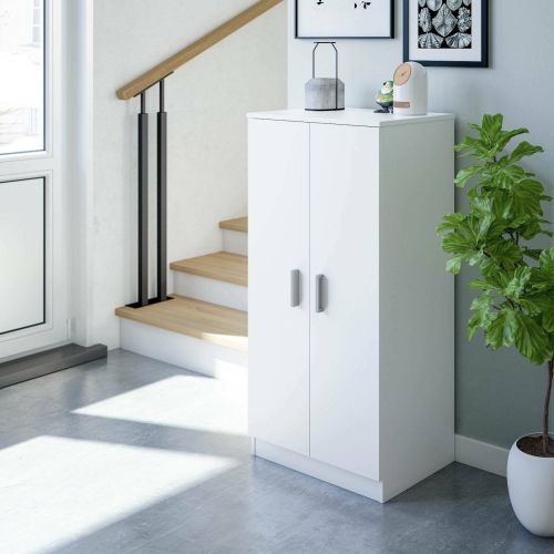 Armadio multiuso Corona, Mobile ausiliario a 2 ante, Mobile basso portascarpe con 6 ripiani, Scarpiera moderna, 55x36h108 cm, Bianco
