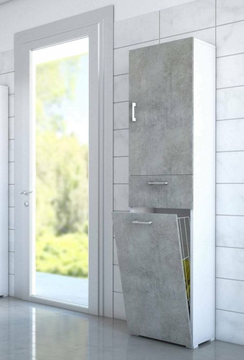 Armadio multiuso Escolzia, Mobile lavanderia lineare a 2 Ante, Colona da bagno con cestello portabiancheria, 100% Made in Italy, 45x32h195 cm, Cemento e Bianco