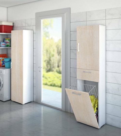 Armadio multiuso Escolzia, Mobile lavanderia lineare a 2 Ante, Colona da bagno con cestello portabiancheria, 100% Made in Italy, 45x32h195 cm, Rovere e Bianco