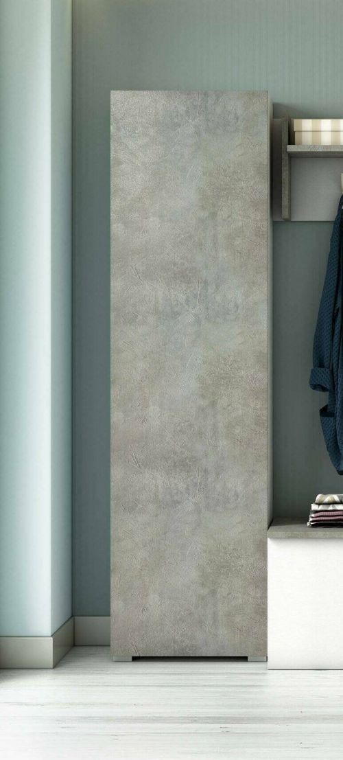 Armadio multiuso Fiordaliso, Mobile lineare a 1 Anta e 7 ripiani, Colonna da ingresso o bagno, Scarpiera moderna, 100% Made in Italy, 50x30h182 cm, Cemento e Bianco