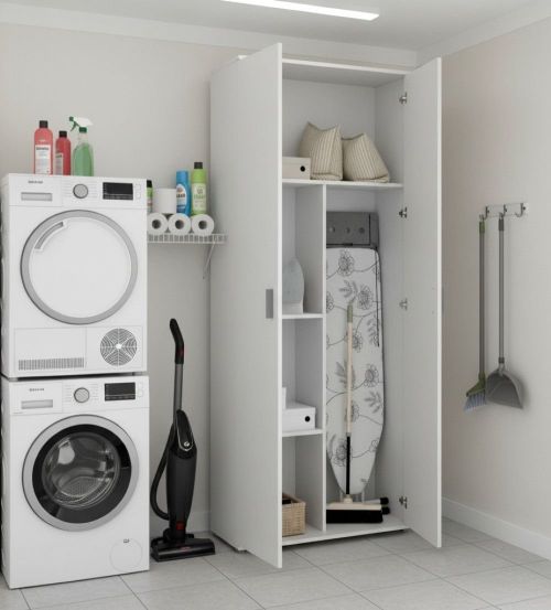 Armadio multiuso Forcola, Mobile multifunzione portascope, Guardaroba a 2 ante, 78x35h190 cm, Bianco
