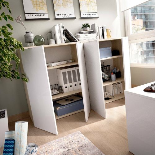 Armadio multiuso Gaviola, Mobile basso multifunzione, Armadietto a 2 ante, 79x40h96 cm, Bianco lucido e Rovere