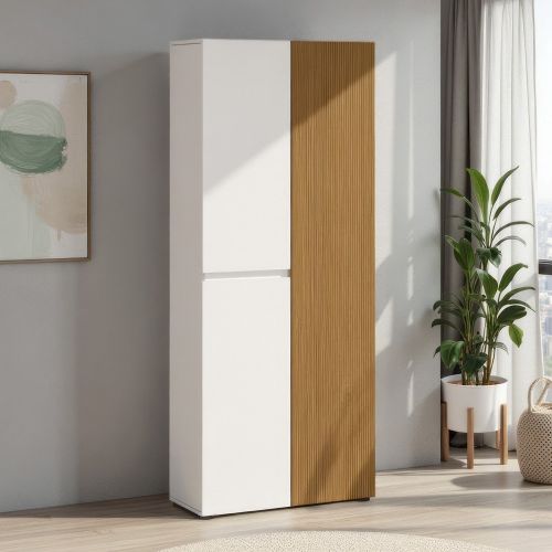 Armadio Multiuso Grande Bianco Lucido Marrone Rovere Cassetti 10 Ripiani 80x200h cm, 3 Ante - Palasio
