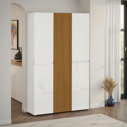 Armadio Multiuso Grande Bianco Lucido Marrone Rovere Cassetti 20 Ripiani 120x200h cm, 5 Ante - Palasio
