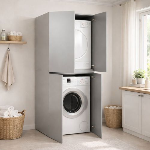 Armadio Multiuso Grande Grigio un Ripiano Apertura Battente 70x195h cm, Porta Lavatrice e Asciugatrice Made in Italy - Flagler