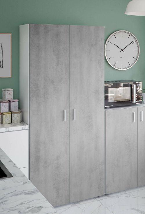 Armadio multiuso Irvine, Mobile ausiliario a 2 ante, Guardaroba portascope a 2 ante e 3 ripiani, 80x37h182 cm, Cemento e Bianco