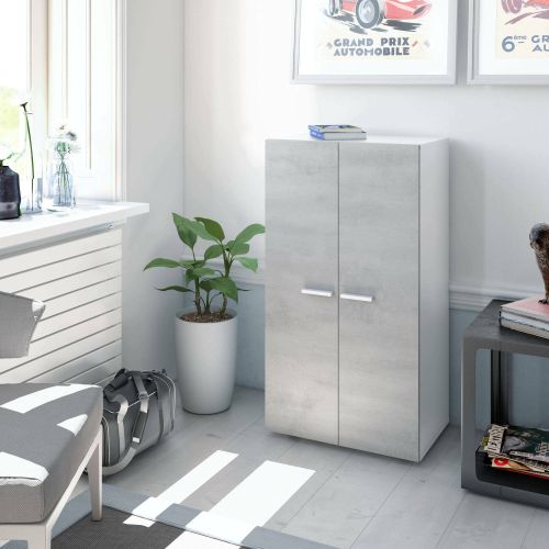 Armadio multiuso Norwalk, Armadio portascarpe a 2 ante, Mobile basso con 6 ripiani, Scarpiera bassa moderna, 55x36h103 cm, Bianco e Cemento