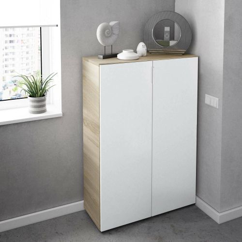 Armadio multiuso Olathe, Mobile ausiliario a 2 ante, Guardaroba basso portascarpe con 6 ripiani, Scarpiera bassa, 70x36h103 cm, Rovere e Bianco
