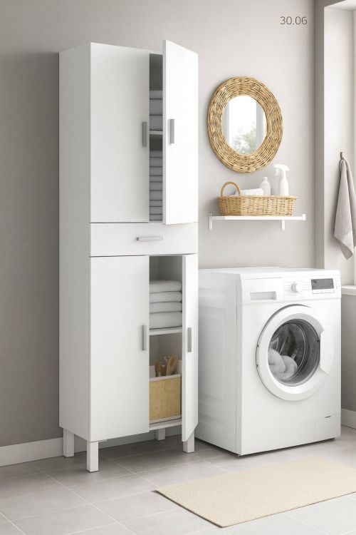 Armadio multiuso Oxnard, Mobile per bagno o lavanderia a 4 ante e 1 cassetto, Armadio multiuso portascarpe, 60x29h182 cm, Bianco lucido