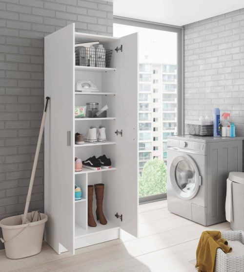 Armadio multiuso Portsmouth, Mobile ausiliario a 2 ante, Guardaroba portascarpe moderno, Scarpiera verticale, 59x37h180 cm, Bianco