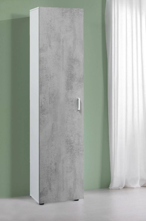 Armadio multiuso Reno, Mobile ausiliario a 1 anta e 3 ripiani, Guardaroba moderno, Mobile alto a colonna, 41x37h182 cm, Cemento e Bianco