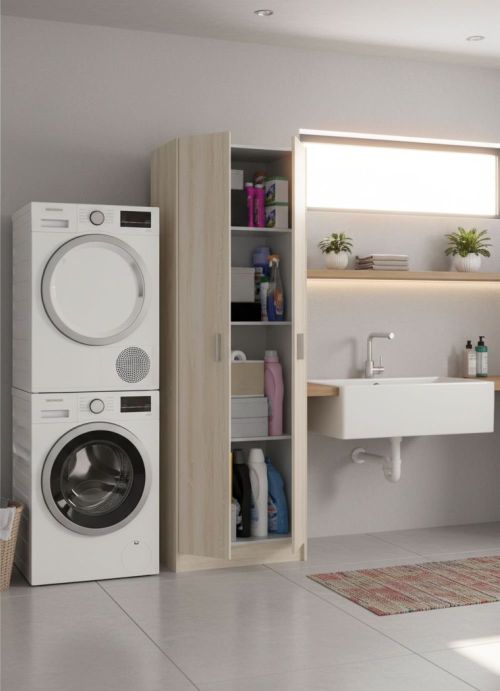 Armadio multiuso Salem, Mobile ausiliario a 2 ante, Portascarpe con 3 ripiani, Scarpiera alta moderna, 59x37h180 cm, Rovere