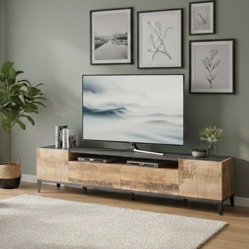 Base TV acero e ardesia 200x40x47h cm 2 ante e 2 cassetti - Abina