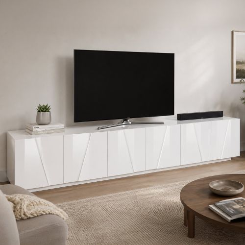 Base TV bianco lucido 244x44x46h cm 6 ante e 1 cassetto - Aemilor