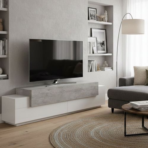 Base TV bianco lucido,cemento 200x45x52h cm 3 ante - Arold