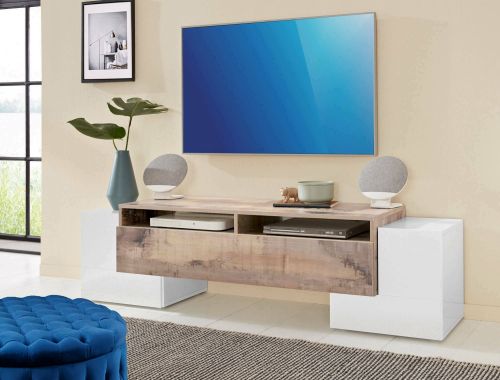 Base TV bianco lucido e acero 170x45x45h cm 3 ante - Abele