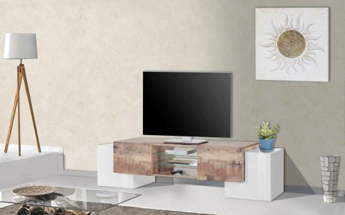 Base TV bianco lucido e acero 190x45x45h cm 4 ante - Arancione
