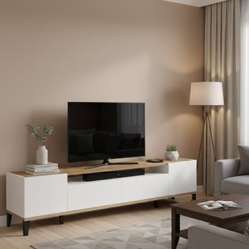 Base TV bianco lucido e acero 200x40x47h cm 2 ante e 2 cassetti - Abina