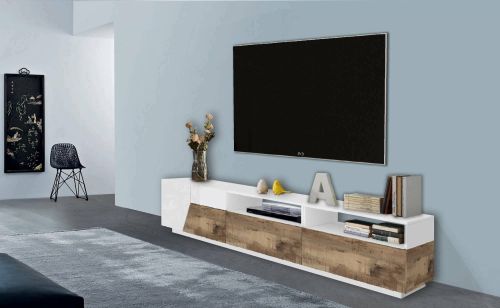 Base TV bianco lucido e acero 200x43x46h cm 2 ante e 2 cassetti - Arghi